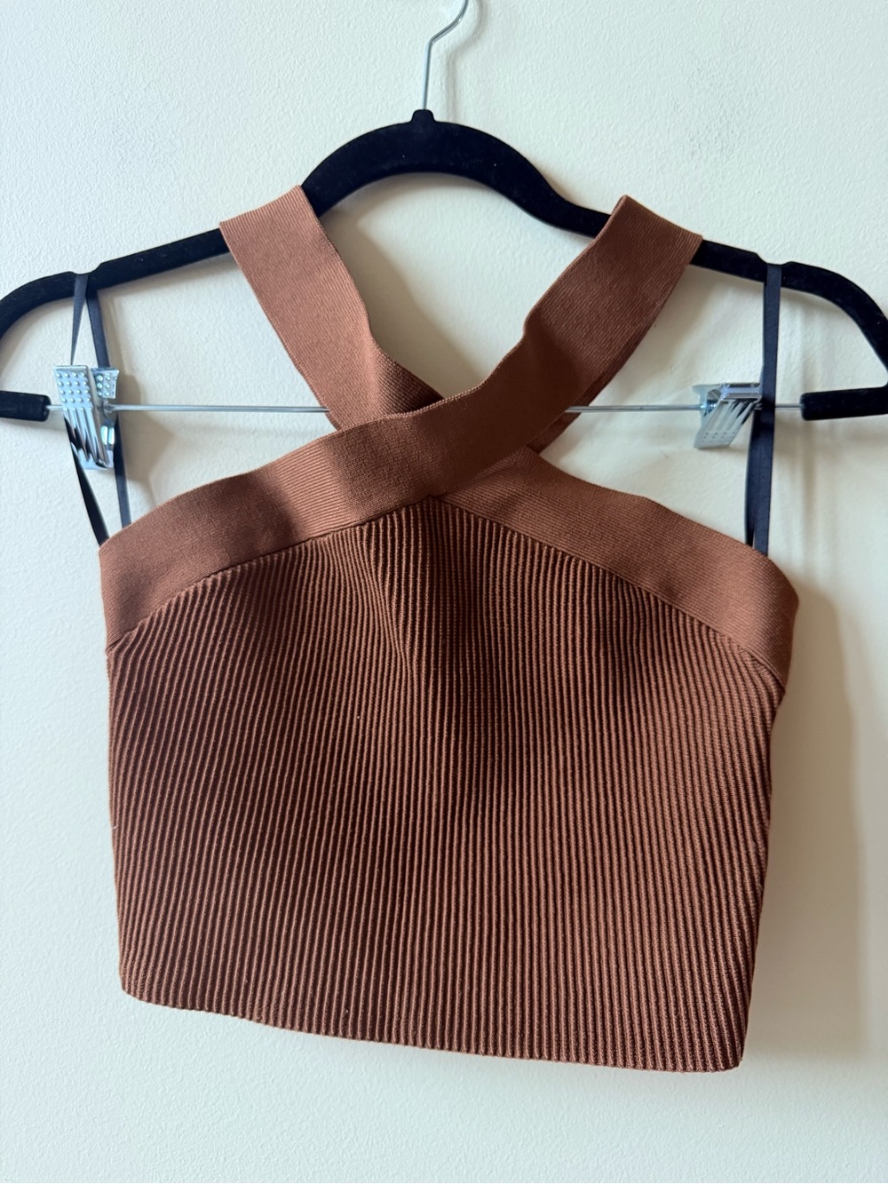 Babaton Chocolate Brown Cross-Front Ribbed Crop Top